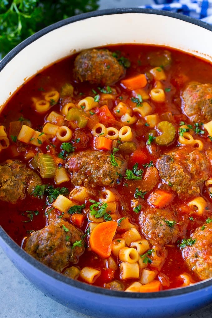 Italian Meatball Soup Recipe | Meatball Soup | Beef Meatballs #meatballs #beef #soup #italian #dinner #edsug #comfortfood Italian meatball soup with beef meatballs, ditalini pasta and vegetables in a tomato broth.