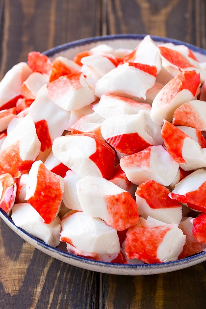 Crab Salad Recipe | Seafood Salad | Deli Salad #crab #salad #seafood #lowcarb #keto #lunch #dinner #edsug Imitation crab flakes in a bowl.