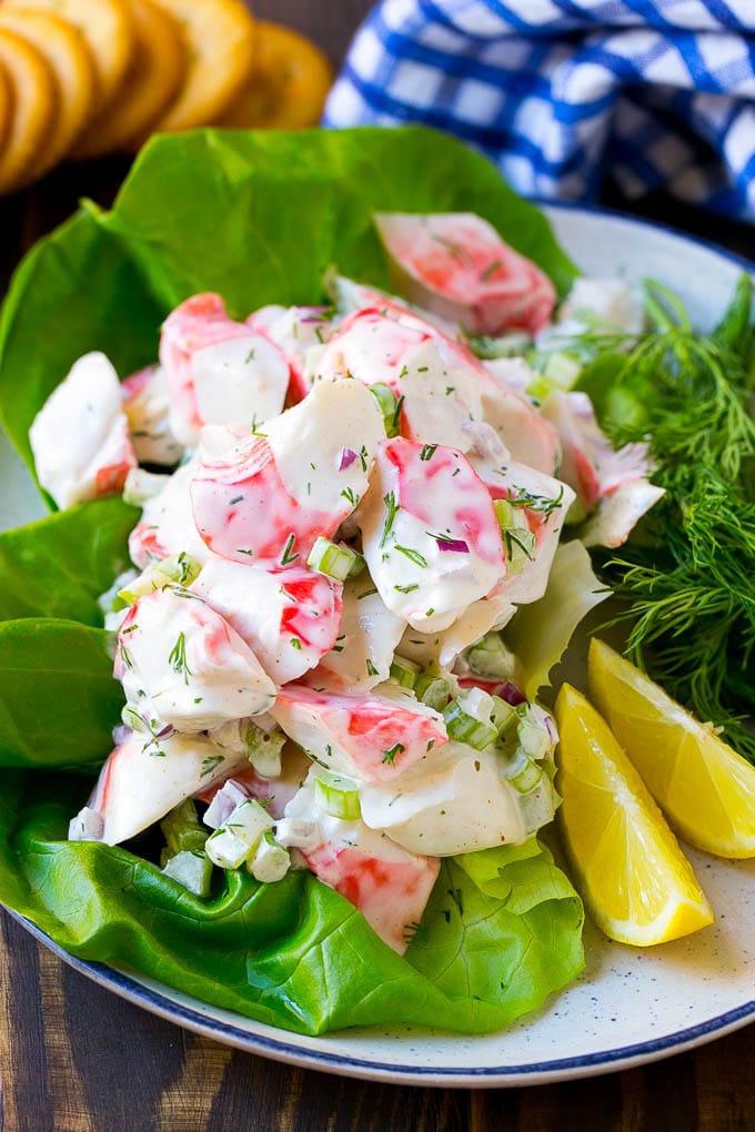 Crab Salad Recipe | Seafood Salad | Deli Salad #crab #salad #seafood #lowcarb #keto #lunch #dinner #edsug Crab salad served on a bed of lettuce with a side of crackers.
