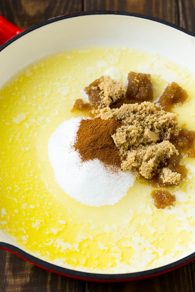 Fried Apples Recipe | Sauteed Apples | Cinnamon Sugar Apples #apples #cinnamon #sugar #sidedish #dessert #edsug #fall Butter, brown sugar, granulated sugar and cinnamon in a pan.