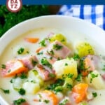 This ham and potato soup recipe is made with diced ham, Russet potatoes, carrots, celery and white cheddar cheese, all in a thick and creamy broth.
