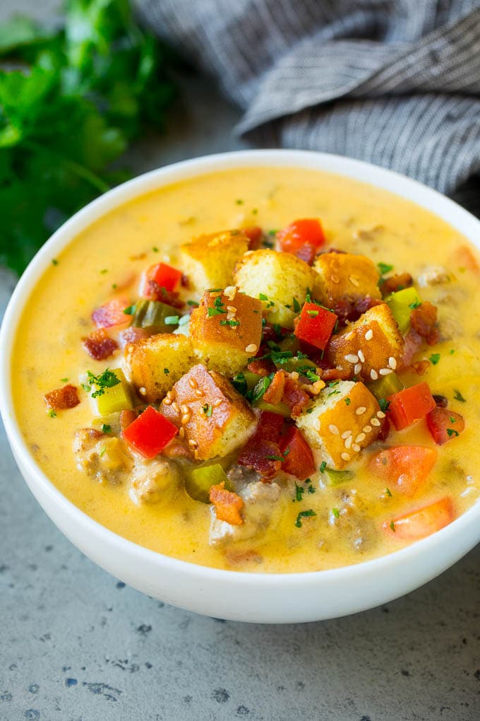 Cheeseburger Soup Recipe | Hamburger Soup | Cheese Soup #soup #groundbeef #hamburger #cheese #bacon #dinner #edsug A bowl of cheeseburger soup