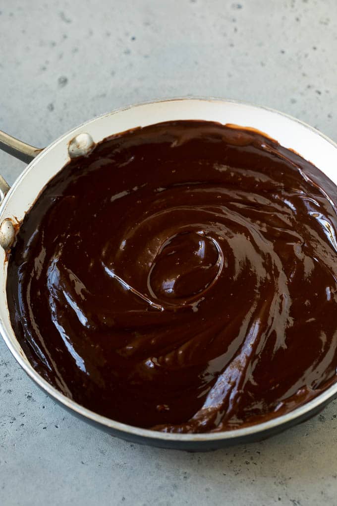 Chocolate Fondue Recipe | Chocolate Sauce | Chocolate Dip #chocolate #dessert #glutenfree #fondue #edsug Melted dip in a skillet.