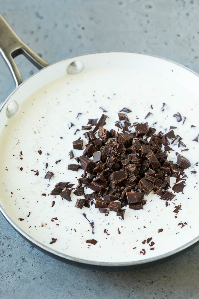 Chocolate Fondue Recipe | Chocolate Sauce | Chocolate Dip #chocolate #dessert #glutenfree #fondue #edsug Chopped semi-sweet chunks and heavy cream in a skillet.