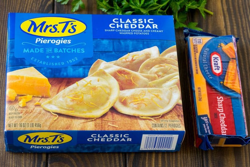 Pierogi Casserole Recipe | Potato Casserole #pierogis #casserole #bacon #cheddar #dinner #edsug A box of pierogies and a block of cheddar cheese.