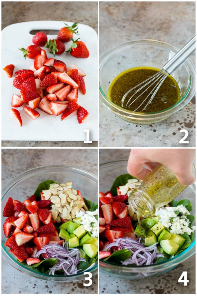 Strawberry Spinach Salad Recipe | Strawberry Salad | Spinach Salad #spinach #salad #strawberries #avocado #edsug A collage showing the steps of how to make spinach salad.