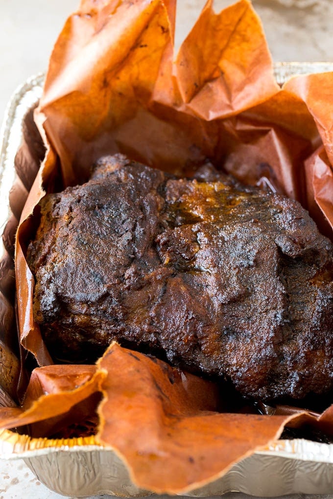Burnt Ends Recipe | Smoked Brisket | Beef Brisket #brisket #bbq #smoker #beef #dinner #edsug Smoked brisket in a metal pan.
