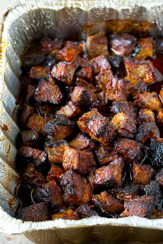 Burnt Ends Recipe | Smoked Brisket | Beef Brisket #brisket #bbq #smoker #beef #dinner #edsug Burnt ends in a foil pan.