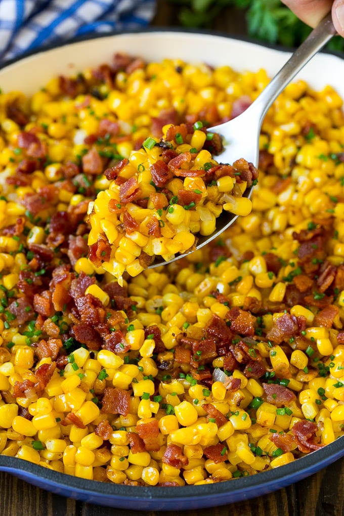 Bacon Fried Corn Recipe | Sauteed Corn | Corn Side Dish #corn #bacon #sidedish #glutenfree #dinner #edsug A spoonful of fried corn made with bacon and onions.