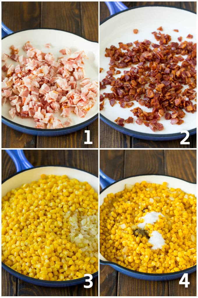Bacon Fried Corn Recipe | Sauteed Corn | Corn Side Dish #corn #bacon #sidedish #glutenfree #dinner #edsug Step by step process shots of corn and bacon being cooked.