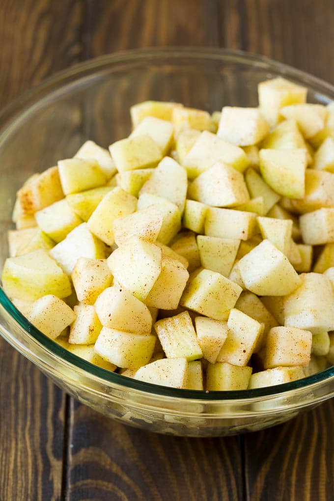 Apple Cobbler Recipe | Apple Dessert #apples #cobbler #dessert #baking #fall #edsug Diced apples tossed with cinnamon and sugar.