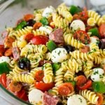 Italian pasta salad with rotini noodles, salami and pepperoni.