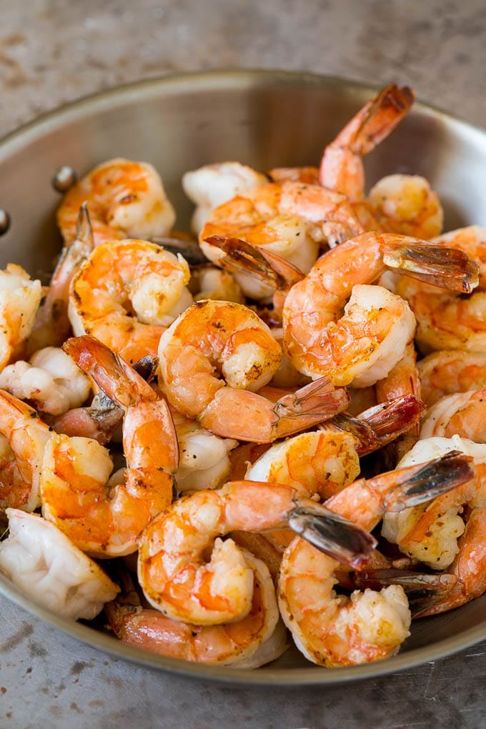 Surf and Turf Recipe | Seared Steak #steak #shrimp #keto #lowcarb #dinner #edsug Sauteed jumbo shrimp in a skillet.