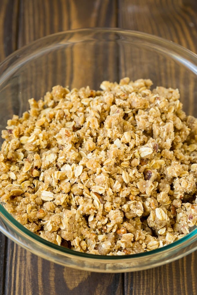 Baked Apples | Stuffed Apples #apples #fall #dessert #sweettooth #edsug Brown sugar and oatmeal crumble in a bowl.
