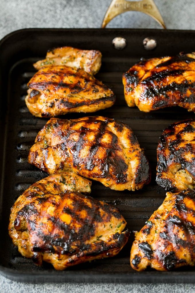 Grilled Chicken Thighs Recipe | Marinated Chicken Thighs #chicken #grilling #marinade #dinner #cilantro #lime #edsug Poultry cooked on a grill pan.