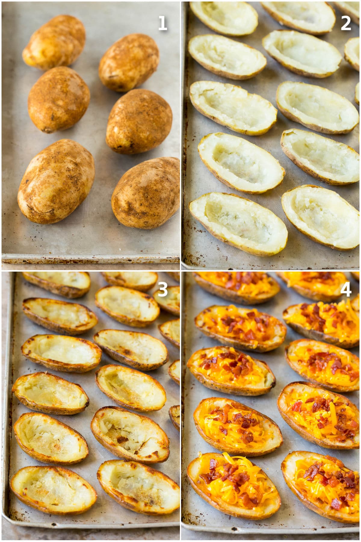 Potato Skins Recipe | Loaded Potatoes #potatoes #appetizer #snack #cheese #bacon #edsug Step by step photos of potatoes being baked and filled with toppings.