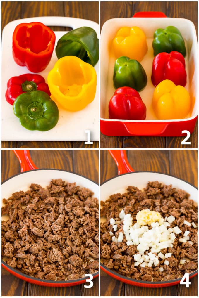 Stuffed Bell Peppers Recipe | Stuffed Peppers #beef #rice #peppers #dinner #cheese #edsug Step by step process shots on cooking bell peppers and ground beef.