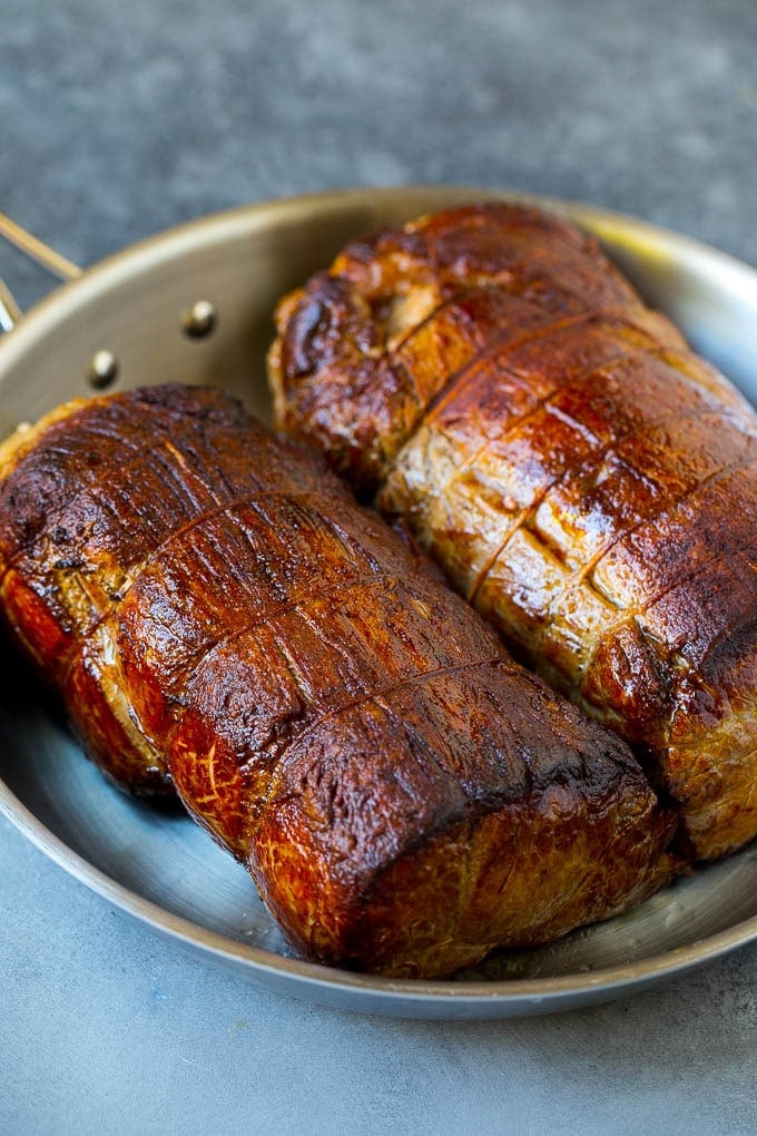 Beef Tenderloin with Garlic Butter #beef #steak #dinner #edsug Seared tenderloin roasts in a pan.