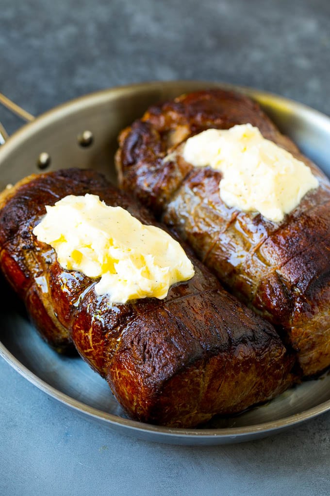 Beef Tenderloin with Garlic Butter #beef #steak #dinner #edsug Beef roasts topped with garlic butter.