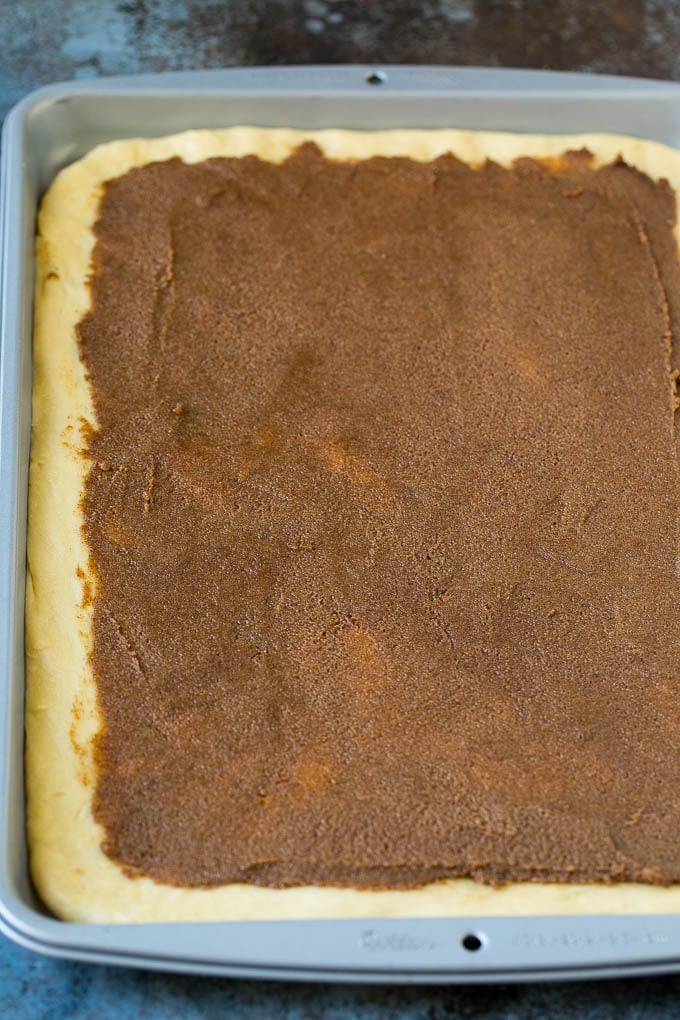 Cinnamon Rolls Recipe | Cinnamon Buns #cinnamon #rolls #pastry #breakfast #brunch #sweets #edsug #baking #bread Brown sugar and butter filling spread onto dough.