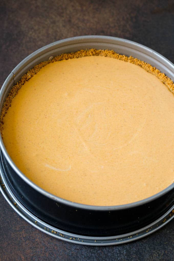 Pumpkin Pie Cheesecake Recipe | Pumpkin Cheesecake #cake #cheesecake #pumpkin #fall #thanksgiving #dessert #edsug Cheesecake batter in a baking pan.