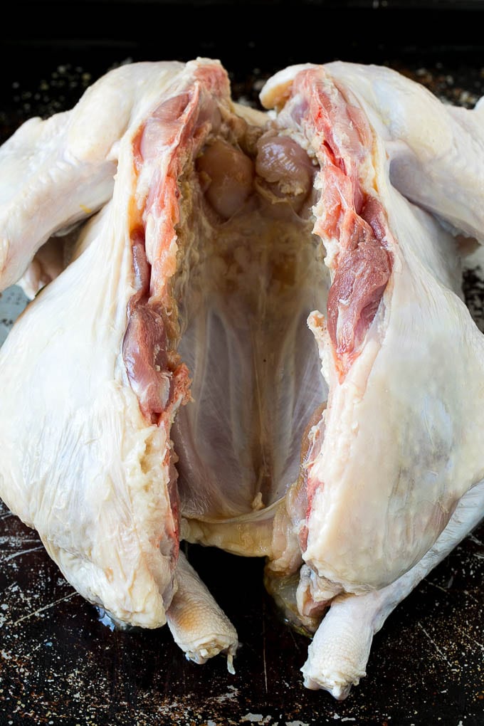 Spatchcock Turkey | Roasted Turkey | Thanksgiving Turkey #turkey #thanksgiving #dinner #fall #christmas #edsug Raw poultry with the backbone cut out.
