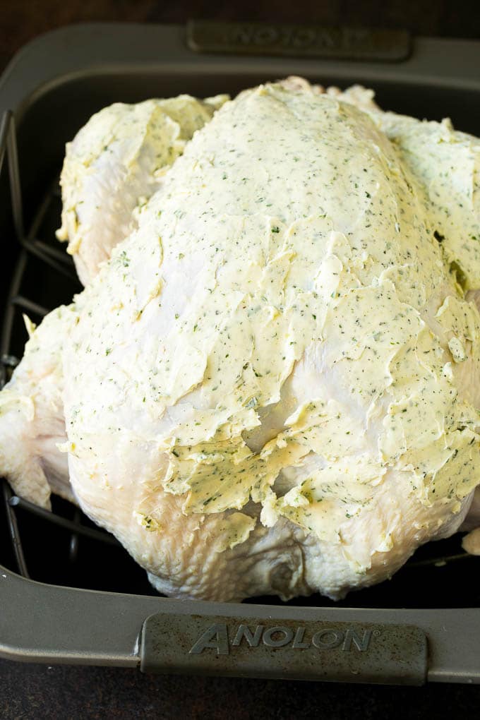 Thanksgiving Turkey Recipe | Roasted Turkey #turkey #thanksgiving #fall #dinner #edsug A turkey coated in herb butter.