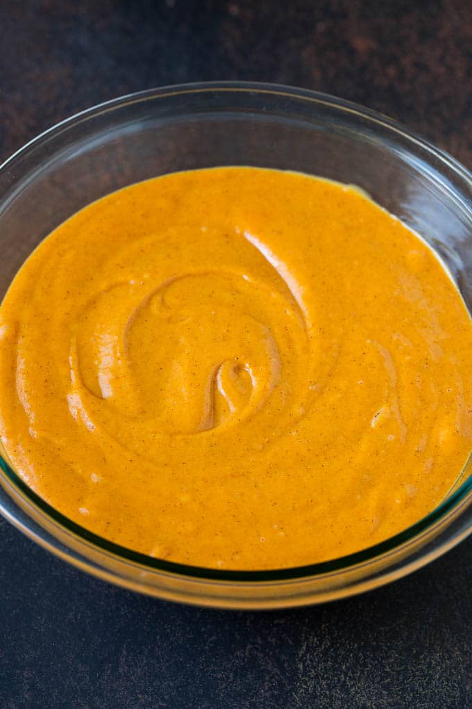 Pumpkin Cake Recipe | Pumpkin Spice Cake #cake #pumpkin #dessert #baking #fall #thanksgiving #edsug Cake batter in a mixing bowl.