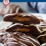 These Nutella cookies are chocolate cookies filled with a gooey Nutella center, then topped with a drizzle of both dark and white chocolate.