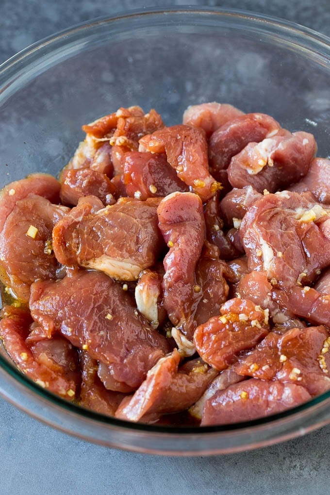 Bahn Mi Sandwich Recipe #sandwich #pork #lunch #dinner #edsug Marinated pork slices in a bowl.