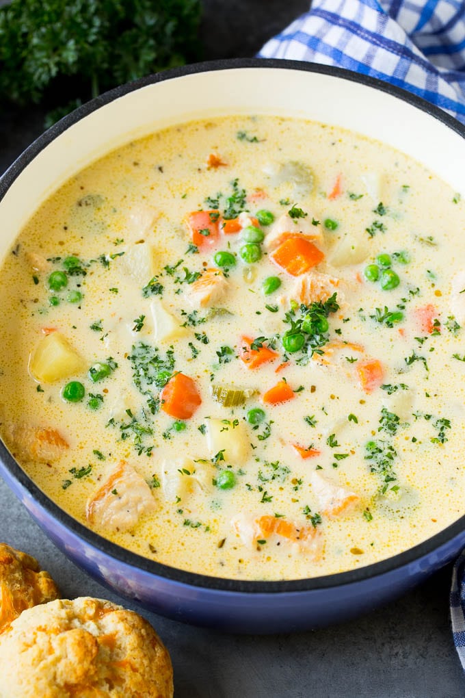 Chicken Pot Pie Soup Recipe | Chicken Soup #soup #chicken #dinner #comfortfood #edsug Creamy chicken pot pie soup served with biscuits on the side.