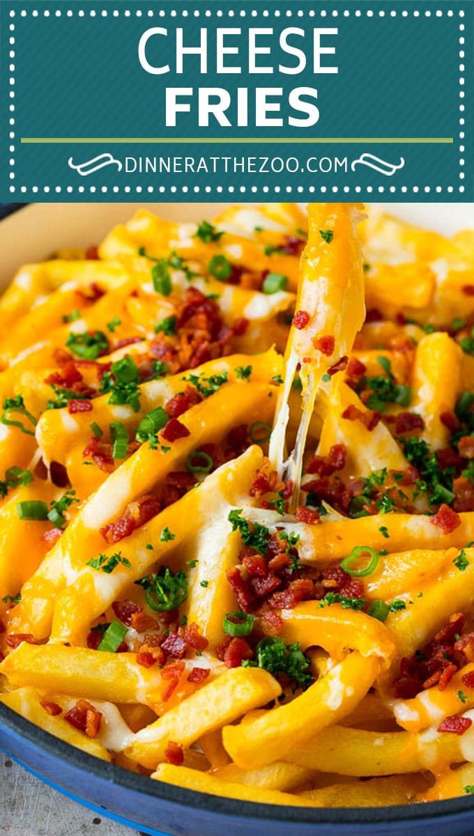 These cheese fries are crispy potatoes topped with plenty of melted cheese, bacon and herbs. #fries #edsug