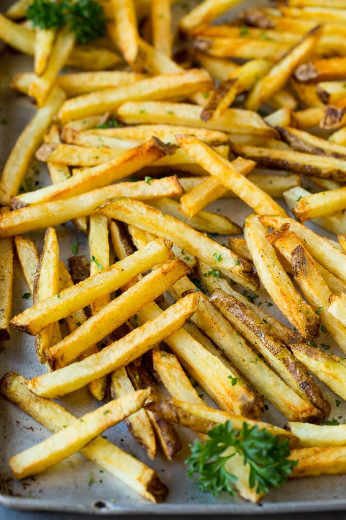 Homemade French Fries Recipe #potatoes #fries #dinner #edsug Homemade french fries on a sheet pan.