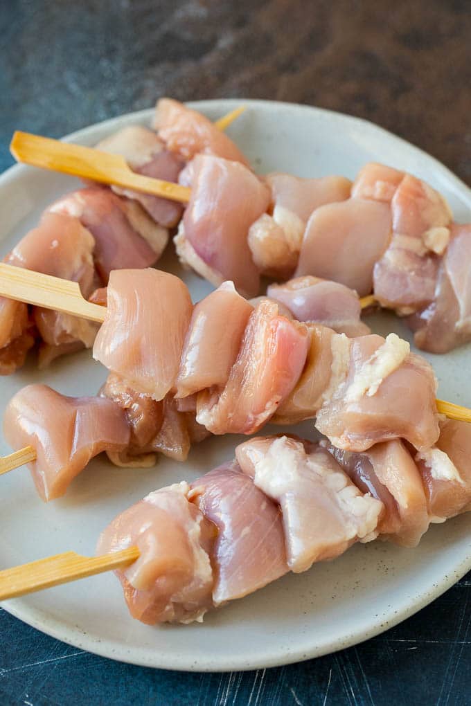 Chicken Yakitori Recipe | Grilled Chicken #chicken #grilling #dinner #edsug Raw chicken threaded onto skewers.