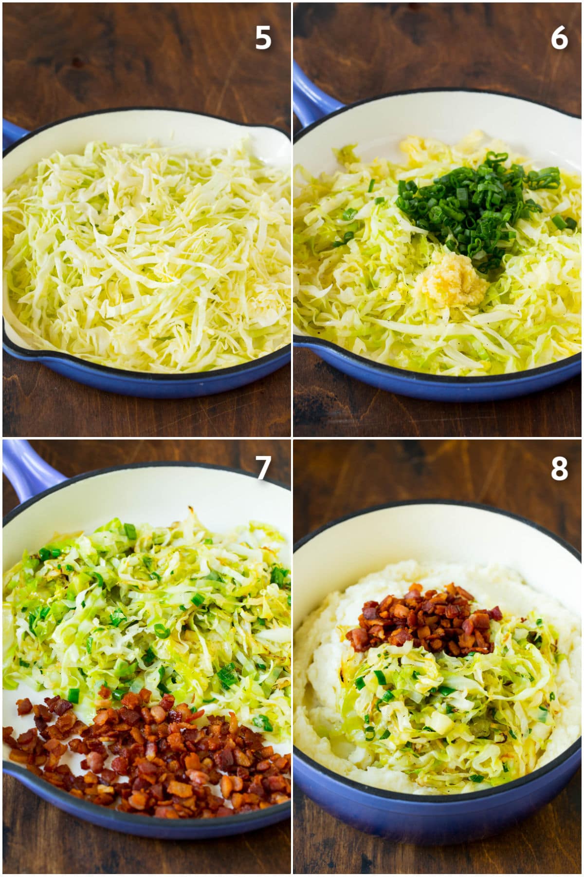 Colcannon Recipe | Mashed Potatoes #potatoes #cabbage #bacon #sidedish #stpatricksday #dinner #edsug Process shots of cabbage being cooked and added to potatoes with bacon.