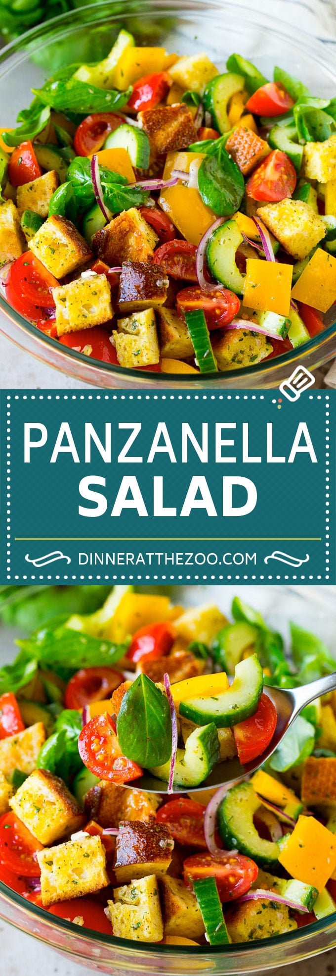 Panzanella salad with toasted bread cubes and colorful vegetables all tossed in a homemade dressing. #salad #edsug