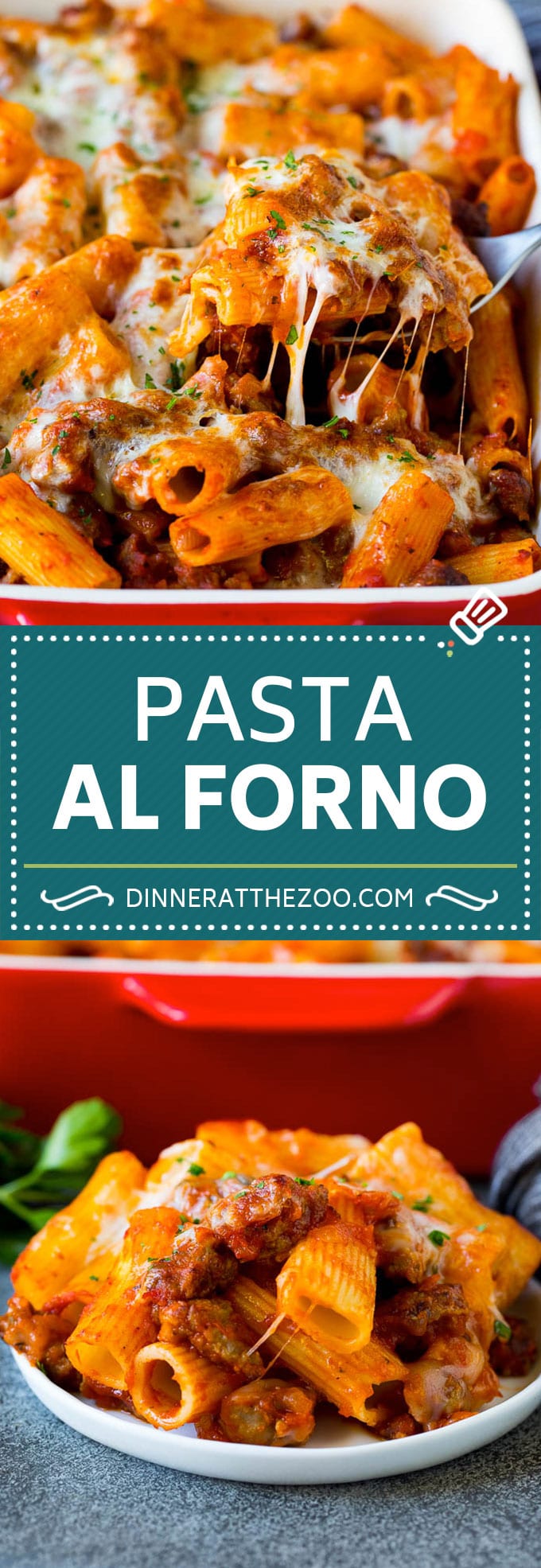 Pasta al Forno is hearty rigatoni noodles tossed in a savory meat sauce then topped with cheese and baked. #pasta #edsug