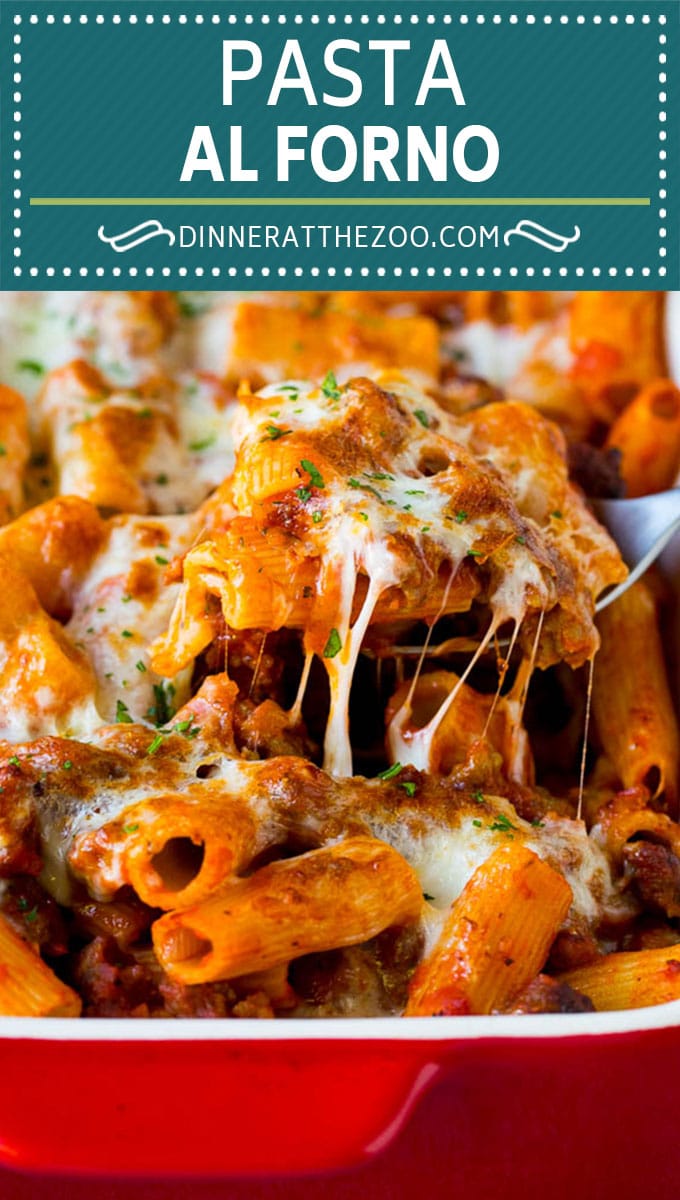 Pasta al Forno is hearty rigatoni noodles tossed in a savory meat sauce then topped with cheese and baked. #pasta #edsug