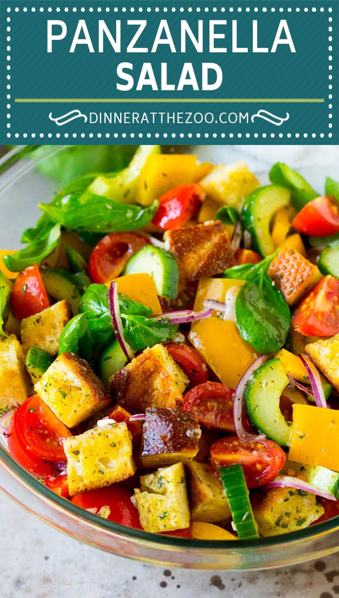 Panzanella salad with toasted bread cubes and colorful vegetables all tossed in a homemade dressing. #salad #edsug