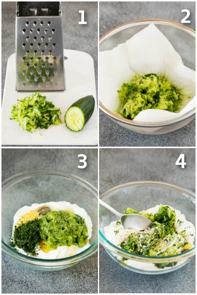 The best homemade tzatziki sauce with cucumber and herbs mixed into Greek yogurt. #appetizer #edsug Process shots including grated cucumber, ingredients in a bowl, and a spoon stirring everything.