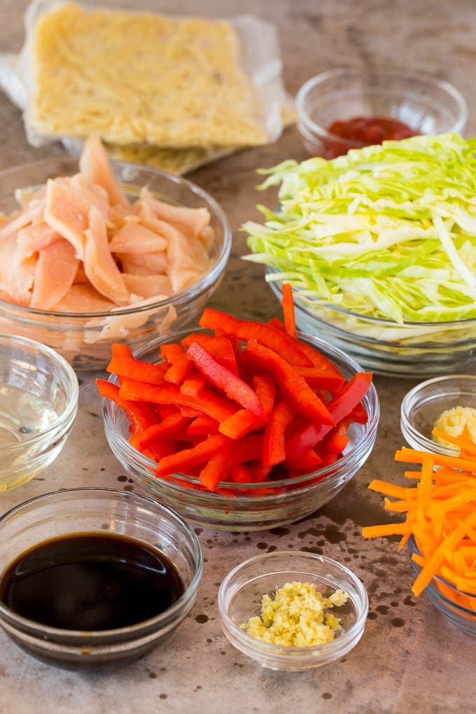 These yakisoba noodles are tender noodles stir fried with chicken and assorted vegetables in a savory sauce. Bowls of shredded vegetables, sliced chicken and seasonings.