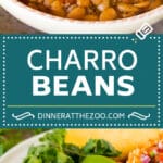 These charro beans are pinto beans simmered with bacon, tomatoes, chiles and spices, all in a hearty broth.