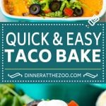 This taco bake is a layer of crushed tortilla chips topped with beans, seasoned ground beef and cheese.
