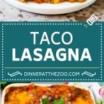 This taco lasagna is layers of flour tortillas, melted cheese, beans, veggies and ground beef, all baked together until golden brown.