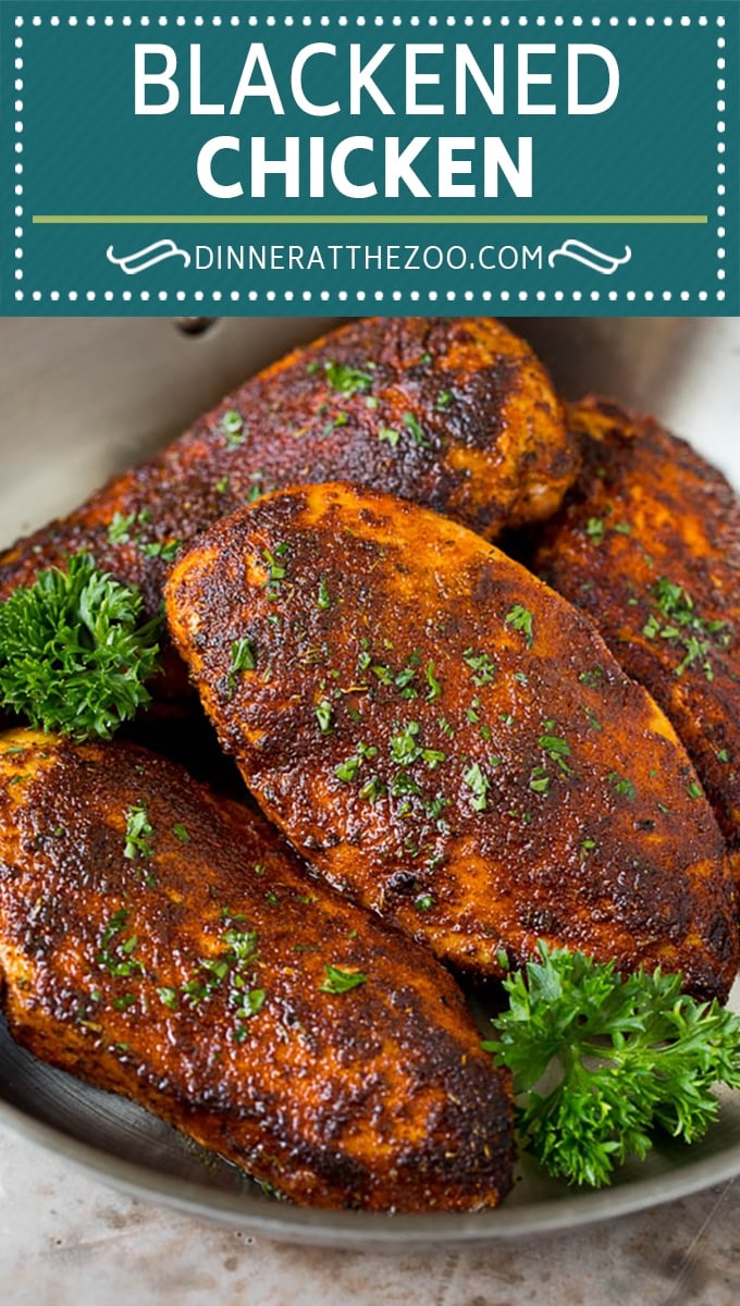 This blackened chicken is chicken breasts coated in butter and a homemade seasoning blend, then seared to create a dark crust.