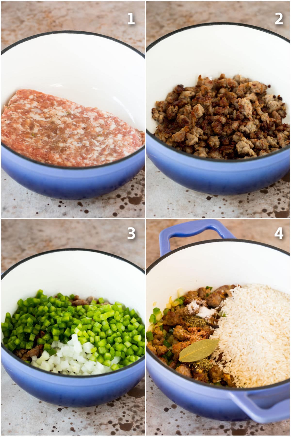 Step by step shots of sausage and vegetables being cooked in a pot.