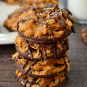 A stack of copycat Samoa no bake cookies.