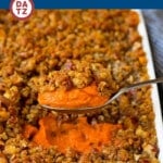 This sweet potato souffle is a creamy blend of sweet potatoes and spices topped with a brown sugar and pecan streusel.