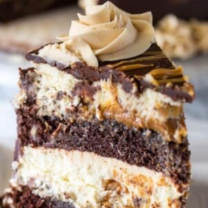 A picture of a slice of Reeces Peanut Butter Chocolate Cheesecake.