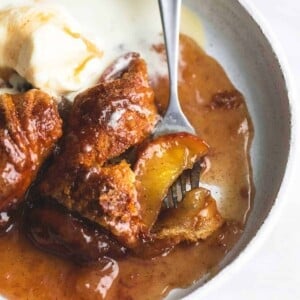 An image of a bowl with 7up apple cobbler.